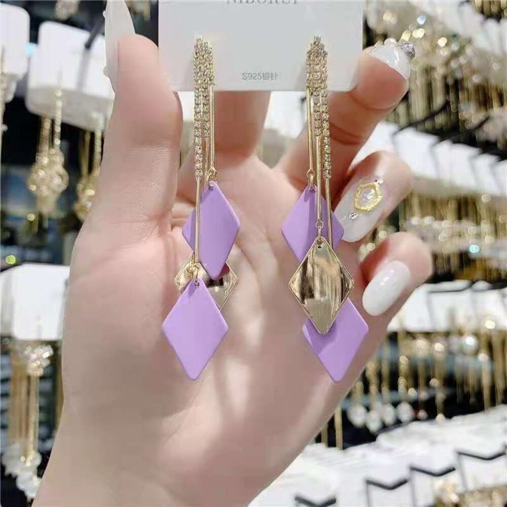 Modern Lavender & Gold Geometric Tiered Rhombus Dangle Earrings